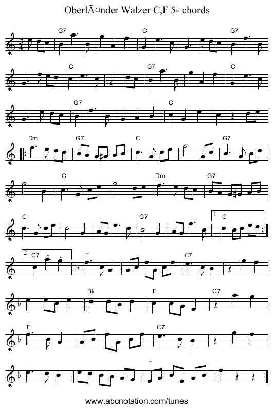 OberlÃ¤nder Walzer C,F 5- chords - staff notation