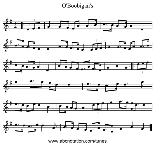 O'Boobigan's - staff notation