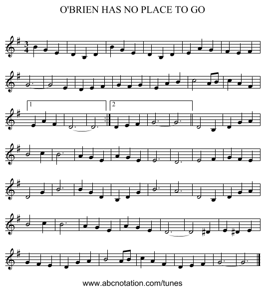O'BRIEN HAS NO PLACE TO GO - staff notation