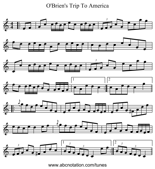 O'Brien's Trip To America - staff notation