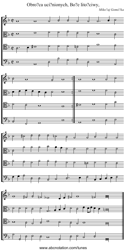 Obro?ca uci?nionych, Bo?e lito?ciwy, - staff notation