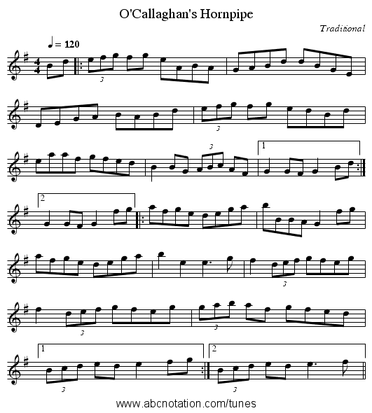 O'Callaghan's Hornpipe - staff notation