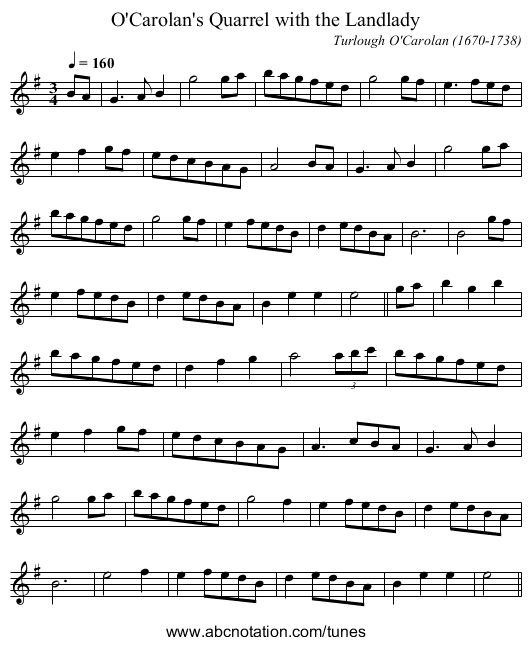 O'Carolan's Quarrel with the Landlady - staff notation