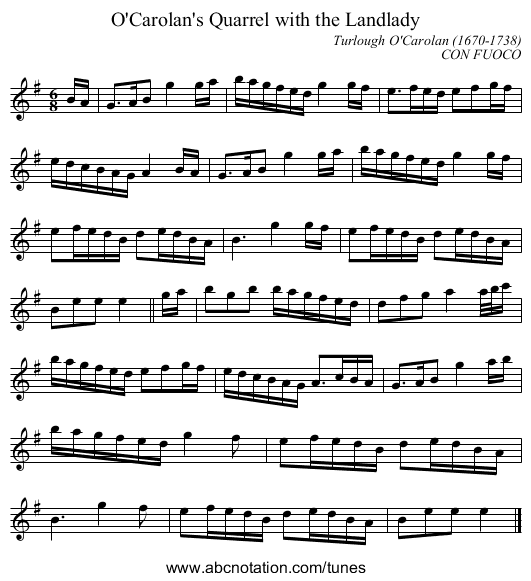 O'Carolan's Quarrel with the Landlady - staff notation