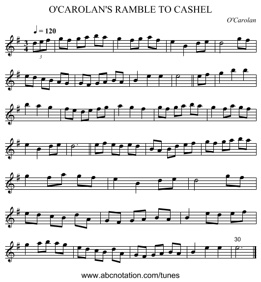 O'CAROLAN'S RAMBLE TO CASHEL - staff notation