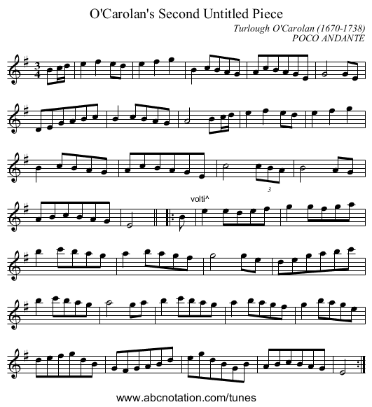 O'Carolan's Second Untitled Piece - staff notation