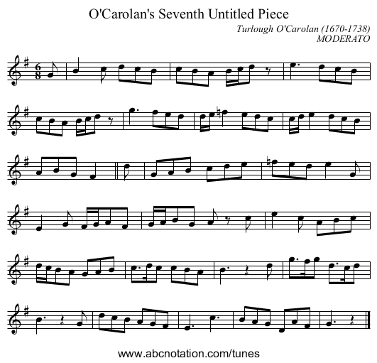 O'Carolan's Seventh Untitled Piece - staff notation
