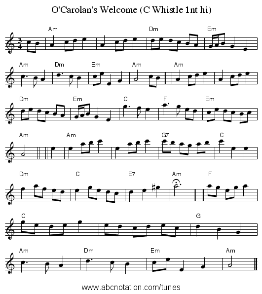 O'Carolan's Welcome (C Whistle 1nt hi) - staff notation