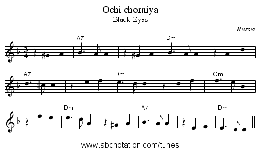 Ochi chorniya - staff notation