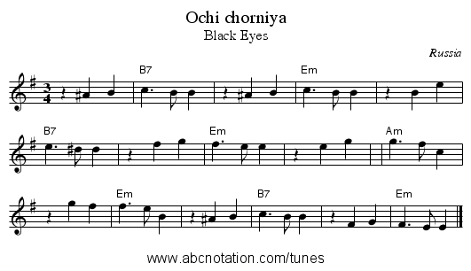 Ochi chorniya - staff notation