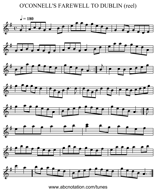 O'CONNELL'S FAREWELL TO DUBLIN (reel) - staff notation