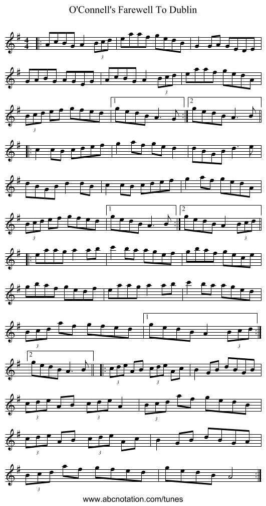 O'Connell's Farewell To Dublin - staff notation