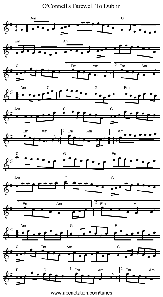 O'Connell's Farewell To Dublin - staff notation