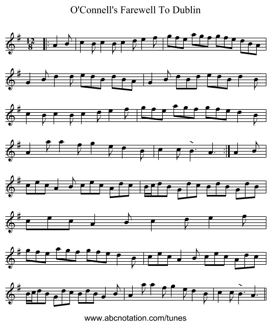 O'Connell's Farewell To Dublin - staff notation