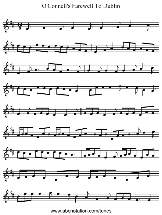 O'Connell's Farewell To Dublin - staff notation
