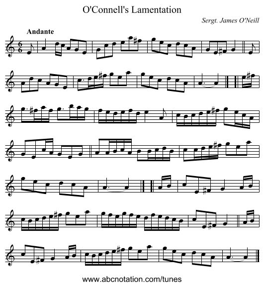 O'Connell's Lamentation - staff notation