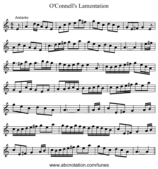 O'Connell's Lamentation - staff notation