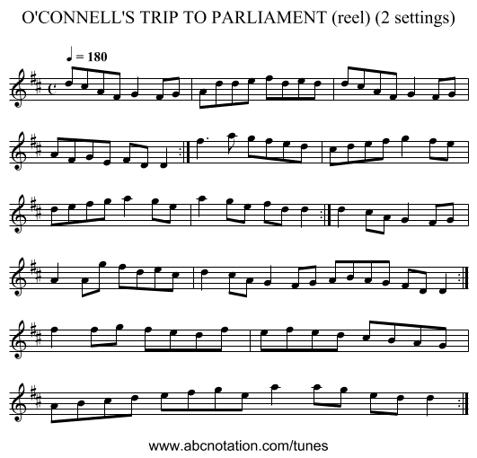 O'CONNELL'S TRIP TO PARLIAMENT (reel) (2 settings) - staff notation