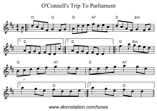 O'Connell's Trip To Parliament - staff notation