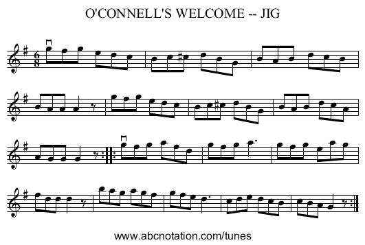 O'CONNELL'S WELCOME -- JIG - staff notation