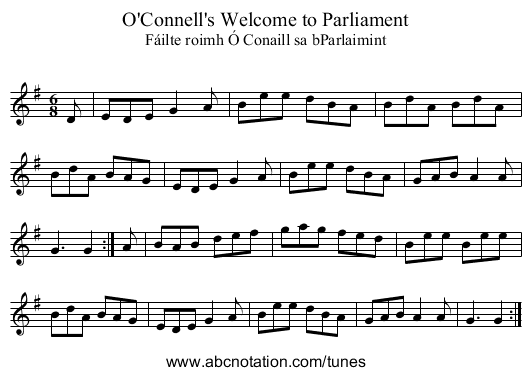 O'Connell's Welcome to Parliament - staff notation