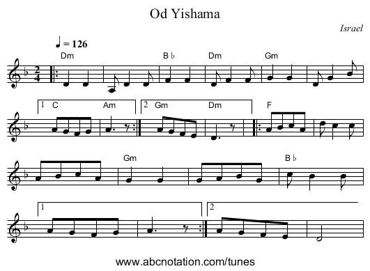 Od Yishama - staff notation