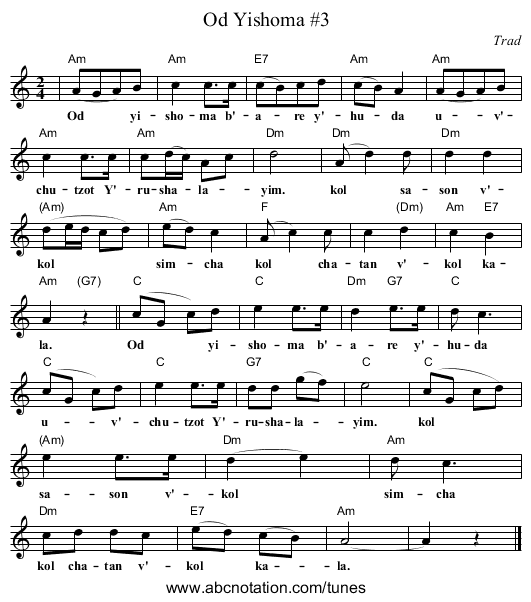 Od Yishoma #3 - staff notation