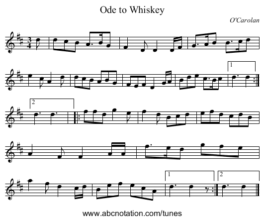 Ode to Whiskey - staff notation