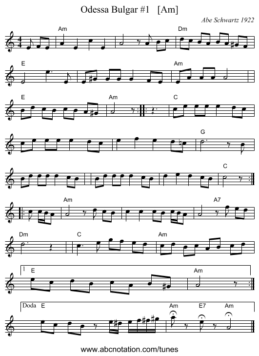 Odessa Bulgar #1   [Am] - staff notation