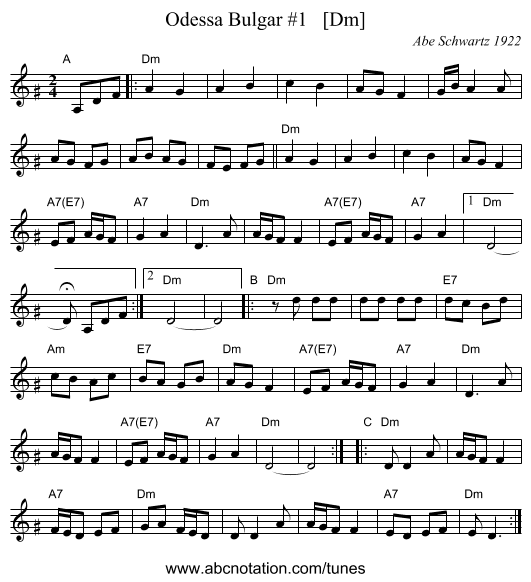 Odessa Bulgar #1   [Dm] - staff notation