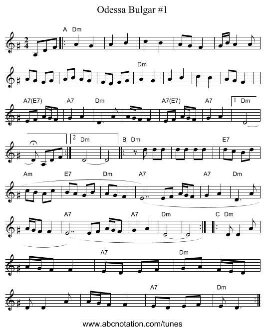 Odessa Bulgar #1 - staff notation