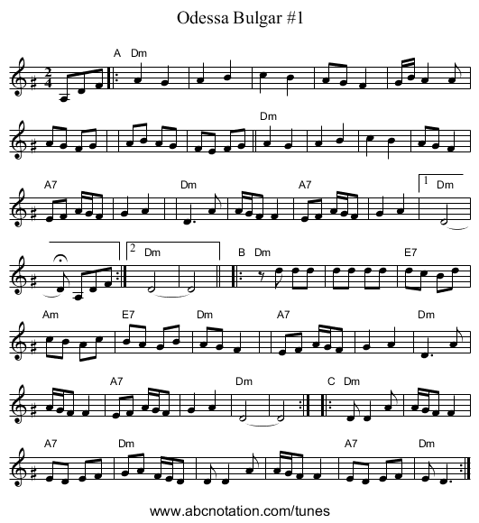 Odessa Bulgar #1 - staff notation