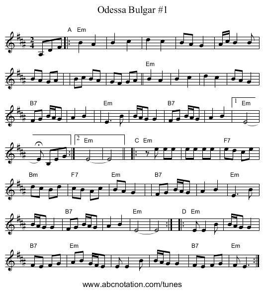 Odessa Bulgar #1 - staff notation