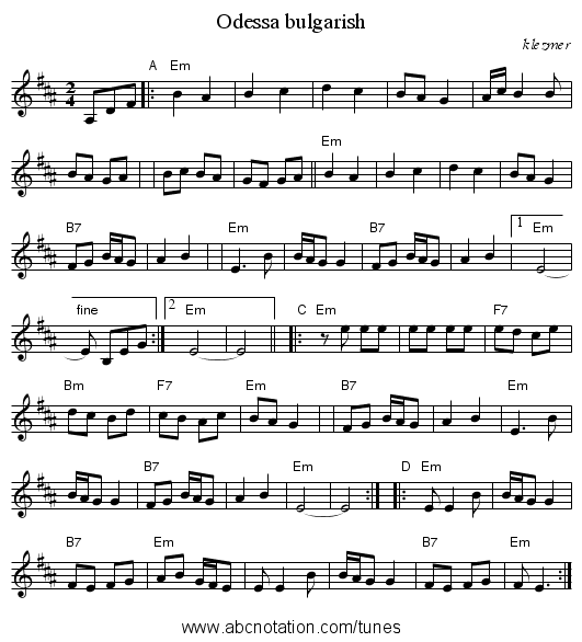 Odessa bulgarish - staff notation