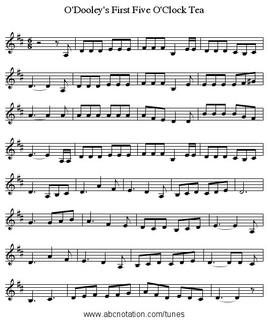 O'Dooley's First Five O'Clock Tea - staff notation