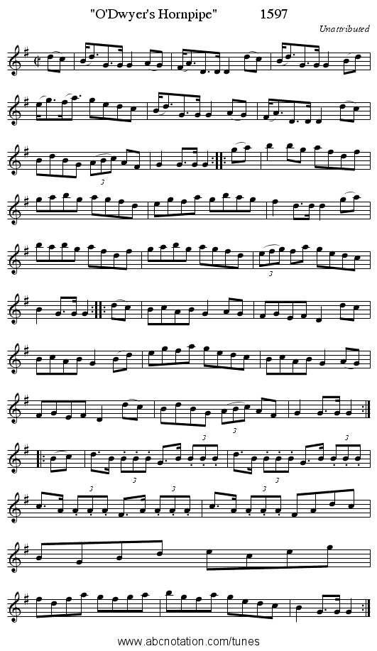 O'Dwyer's Hornpipe            1597 - staff notation