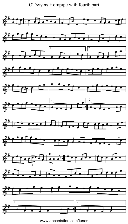 O'Dwyers Hornpipe with fourth part - staff notation
