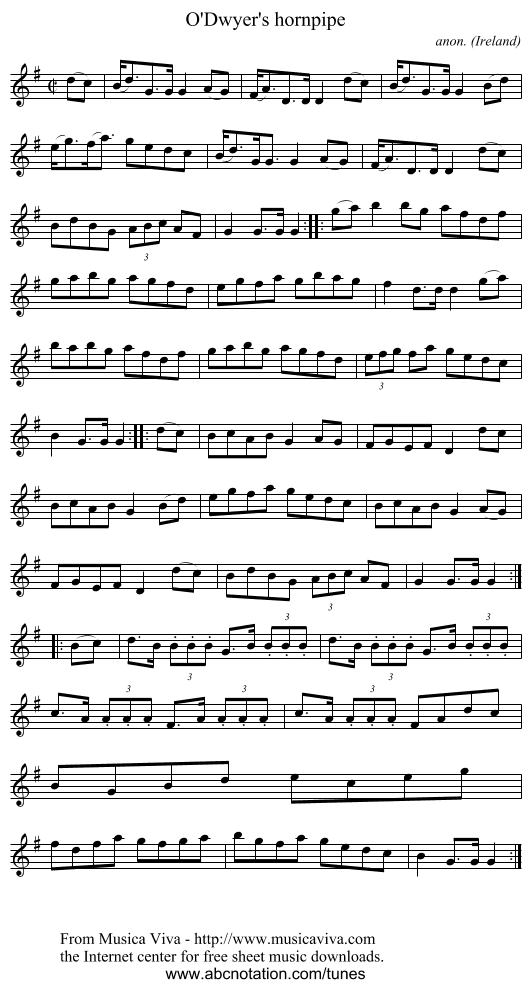 O'Dwyer's hornpipe - staff notation