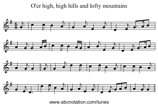 O'er high, high hills and lofty mountains - staff notation