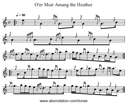 O'er Muir Amang the Heather - staff notation