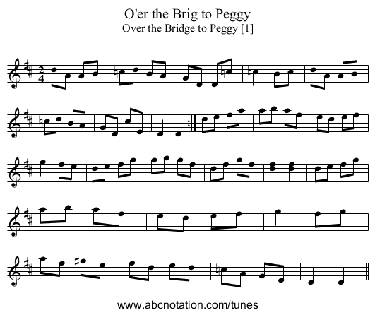 O'er the Brig to Peggy - staff notation