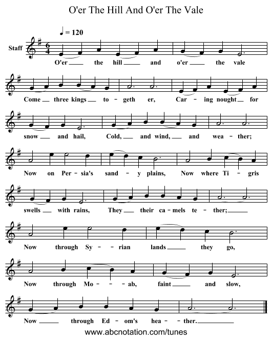 O'er The Hill And O'er The Vale - staff notation