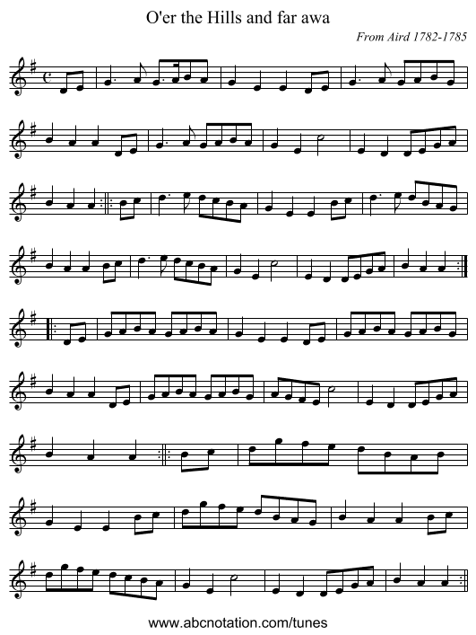 O'er the Hills and far awa - staff notation