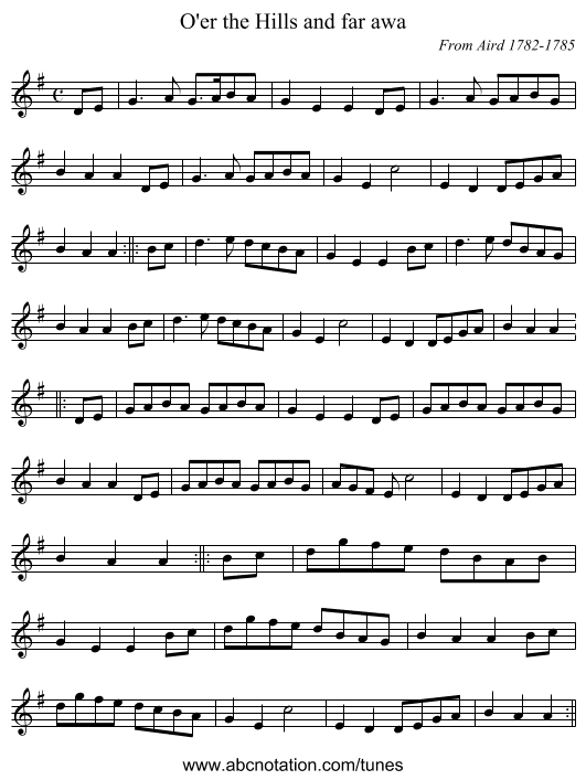 O'er the Hills and far awa - staff notation