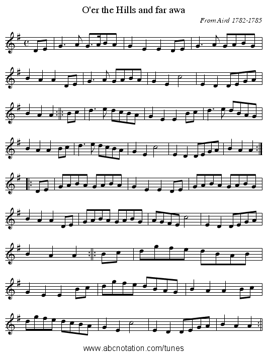 O'er the Hills and far awa - staff notation