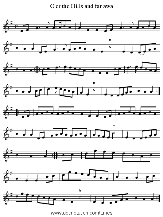 O'er the Hills and far awa - staff notation