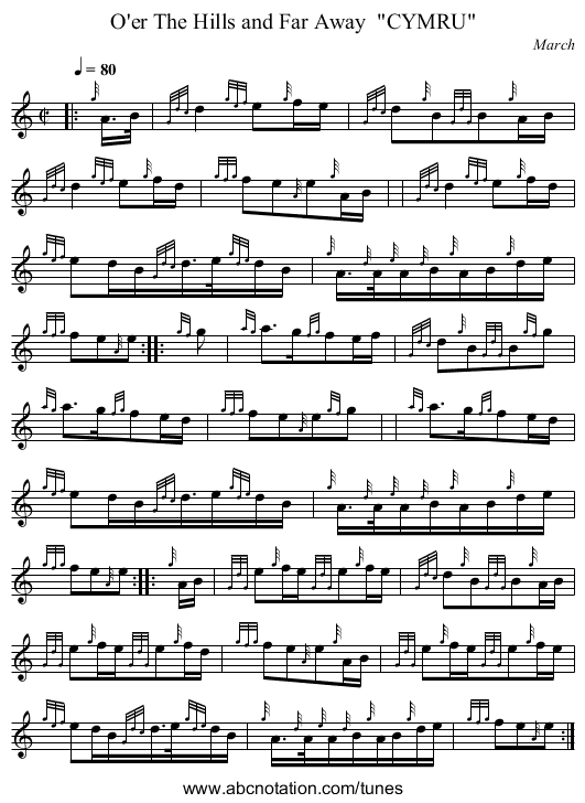 O'er The Hills and Far Away  CYMRU - staff notation