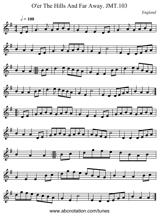O'er The Hills And Far Away. JMT.103 - staff notation