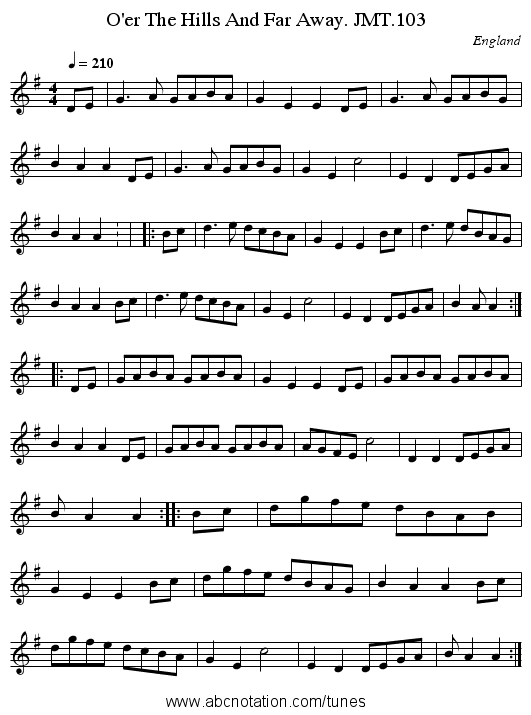 O'er The Hills And Far Away. JMT.103 - staff notation