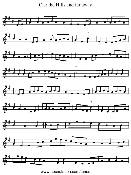 O'er the Hills and far away - staff notation